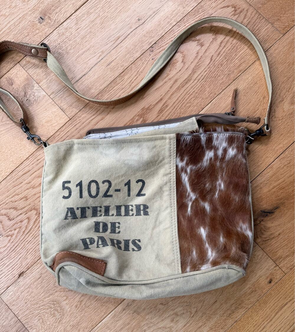 Myra Bag Atelier de Paris Cowhide Pony Hair Canvas Crossbody Bag Western Boho